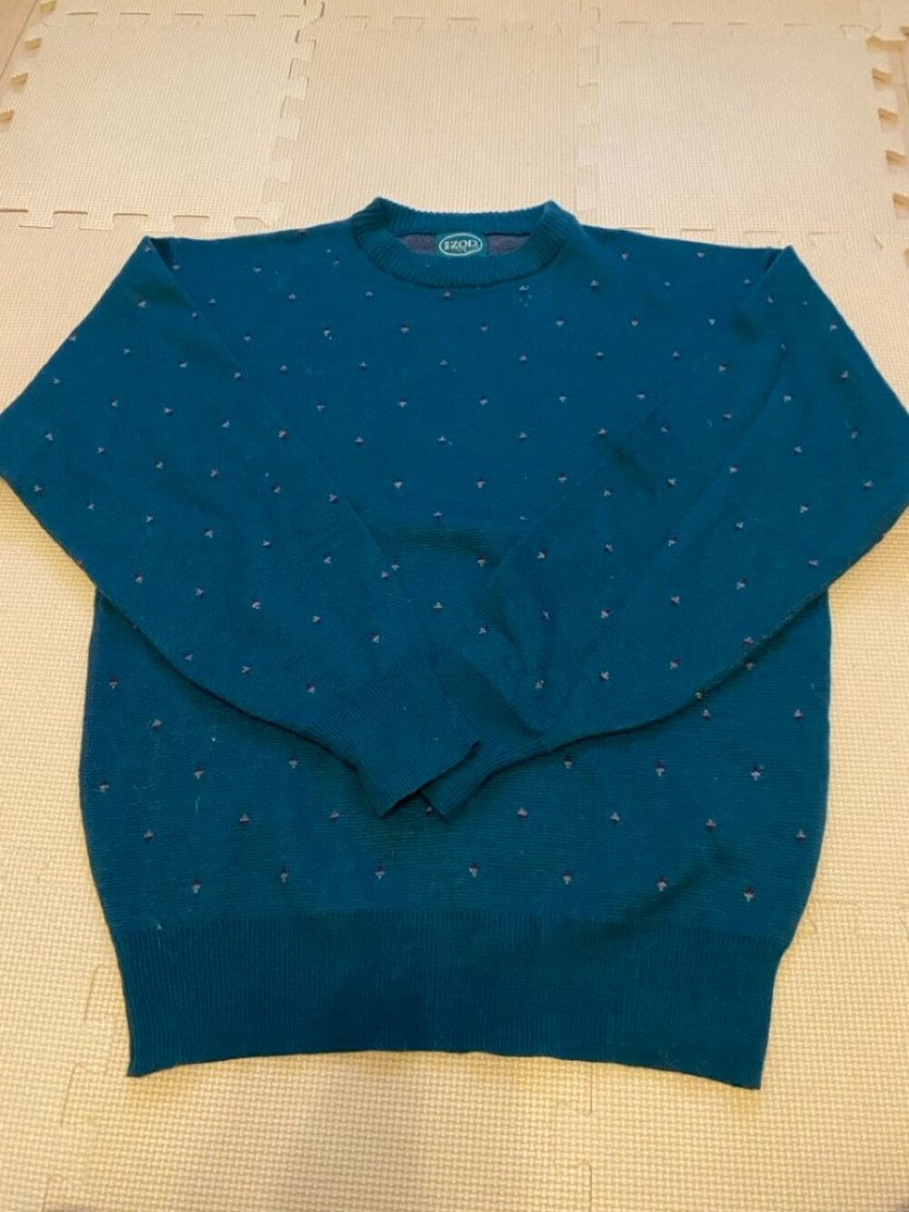 Vintage IZOD Teal Wool Sweater Dotted Knit Crew Neck Size L